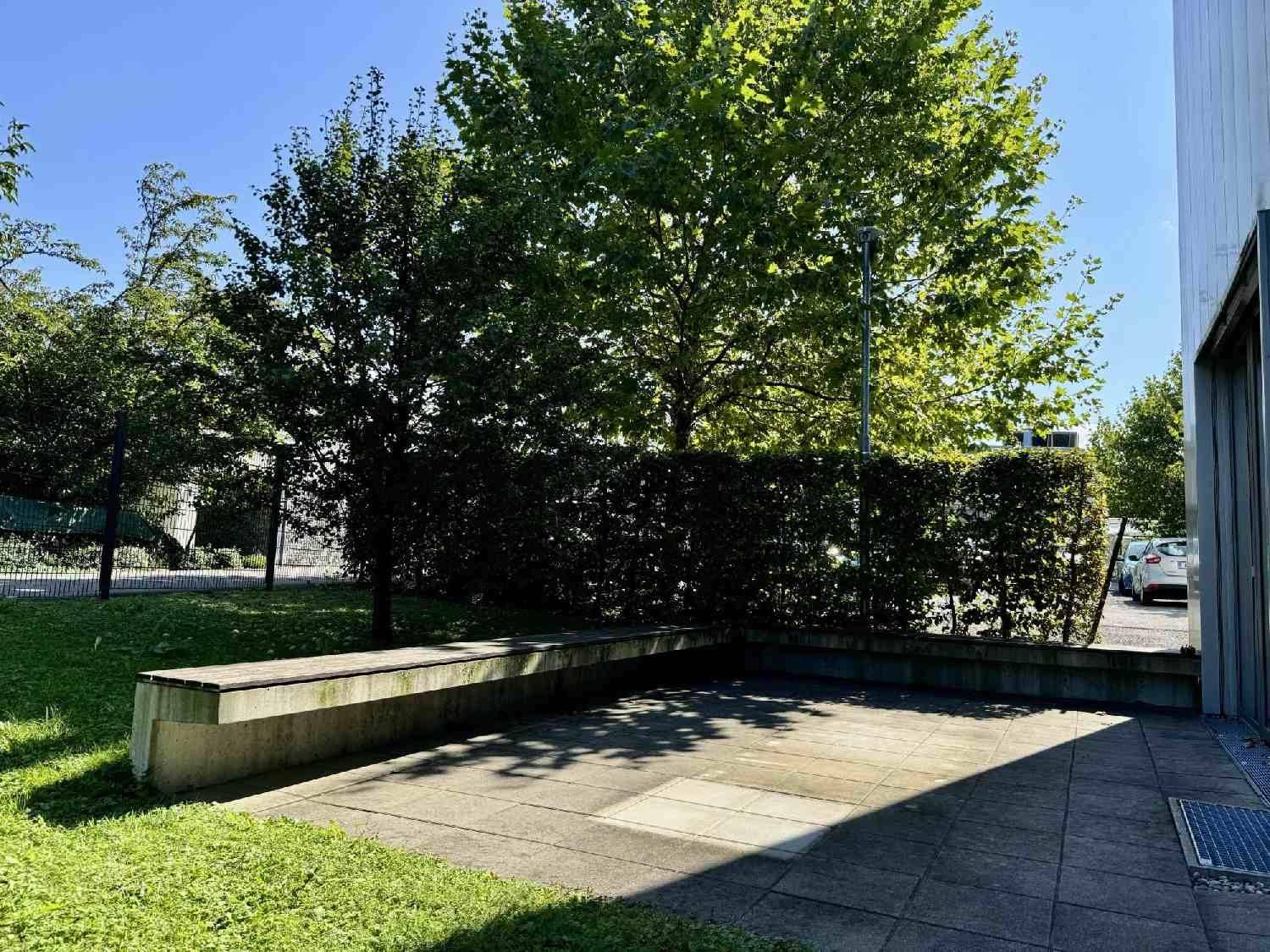 Außenbereich mit gepflasterter Terrasse, Betonbank und umgebender Grünfläche mit Hecken.