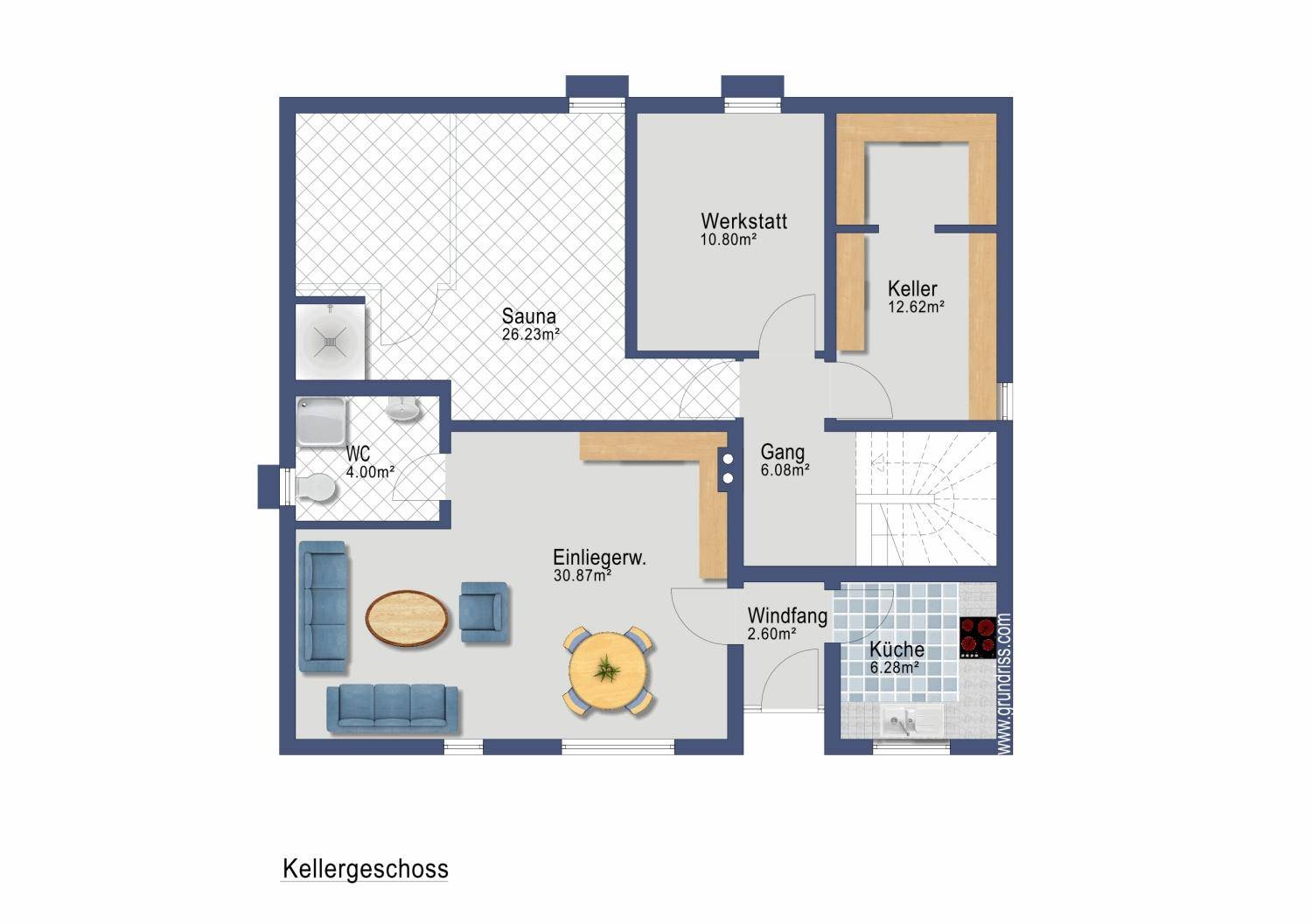Grundriss des Kellergeschosses mit Sauna, Werkstatt, Kellerraum und zusätzlichem Wohnbereich.