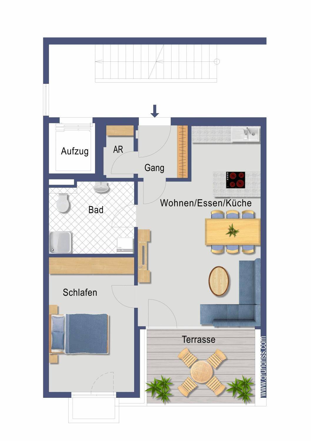 Detaillierter Grundriss einer Wohnung mit Wohn-/Essbereich, Schlafzimmer und Terrasse.