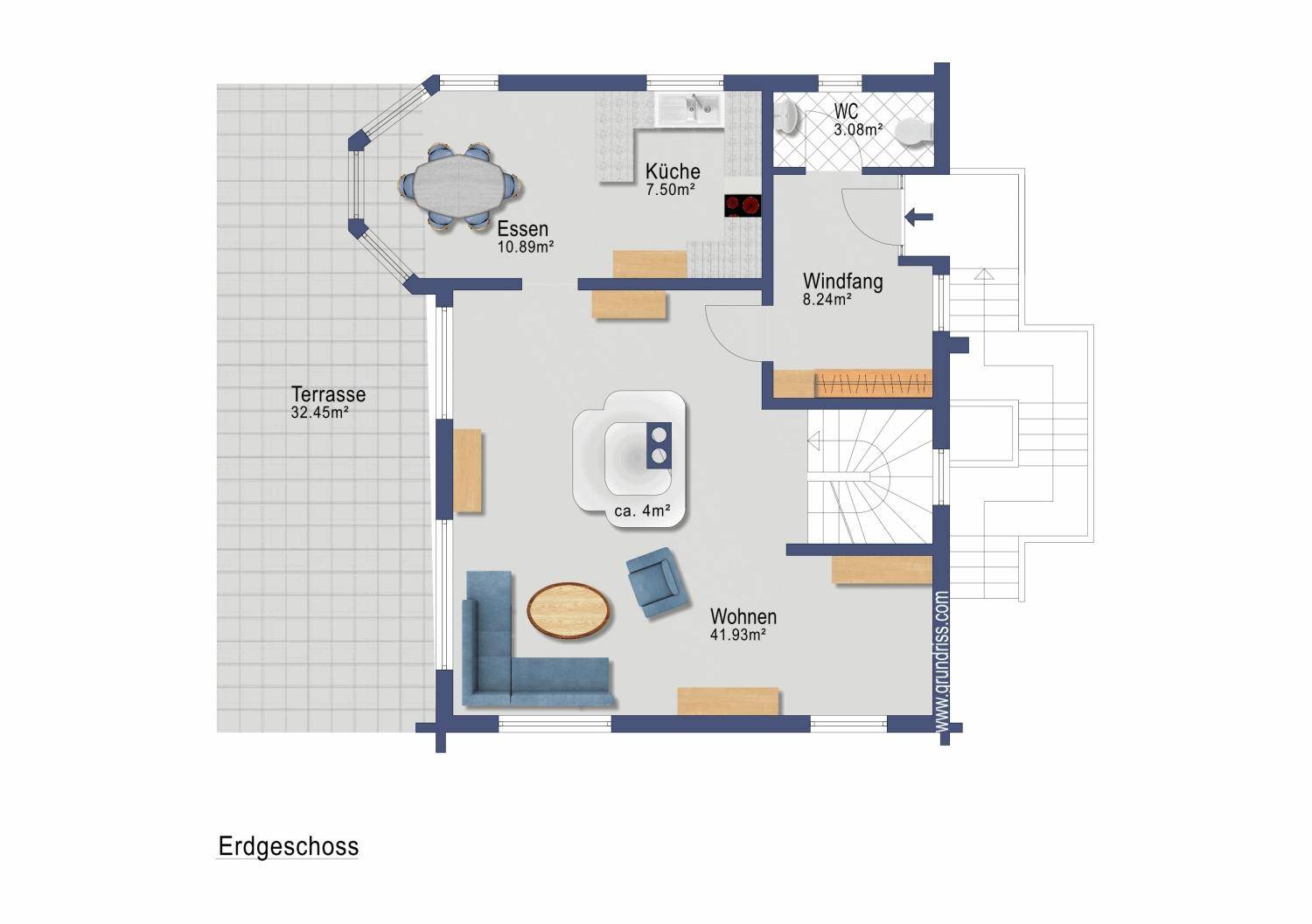 Grundriss des Erdgeschosses mit offenem Wohn- und Essbereich, Küche und großer Terrasse.