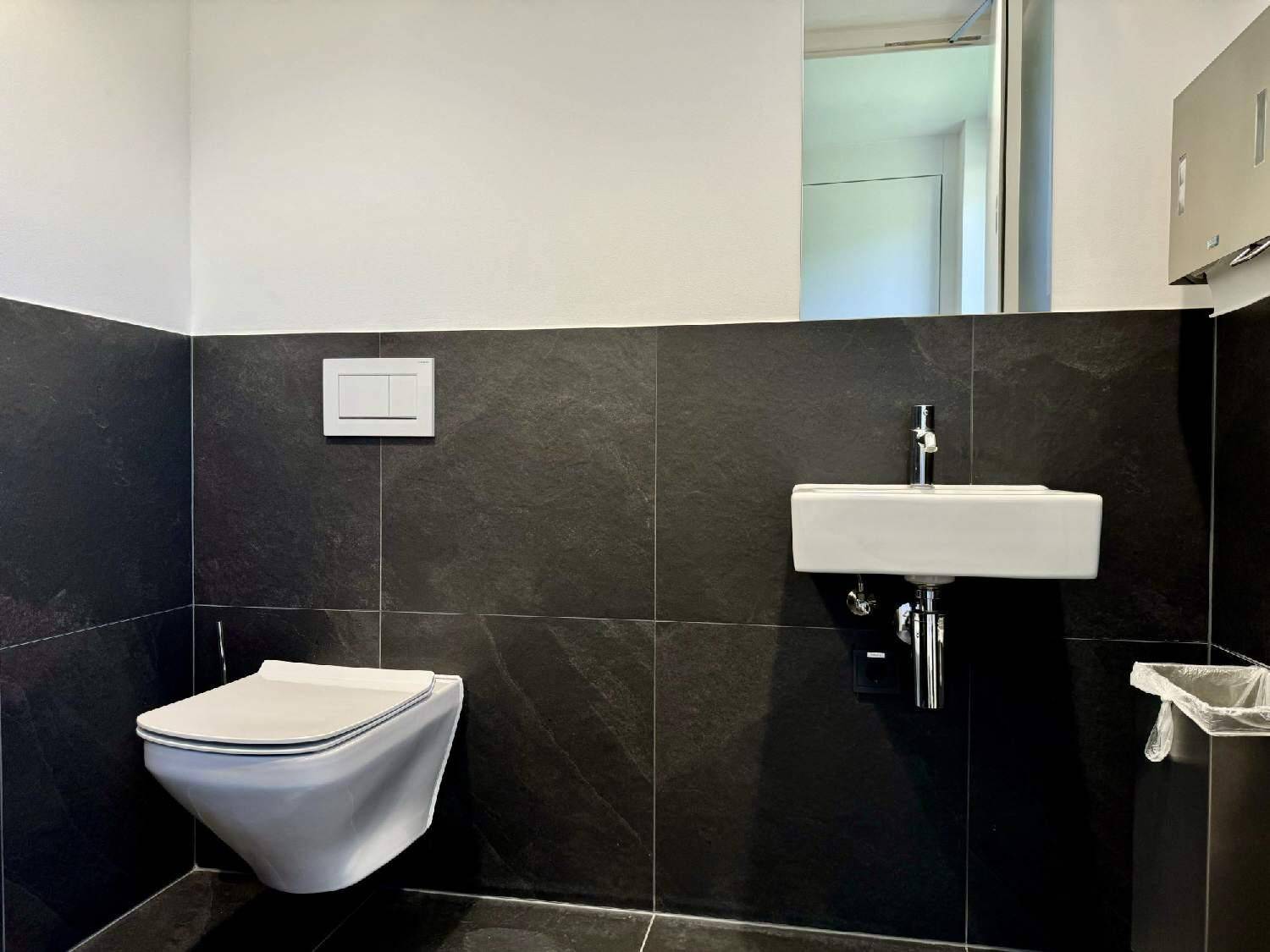 WC-Raum mit dunklen Fliesen, wandhängendem WC und kleinem Waschbecken, minimalistisches Design.
