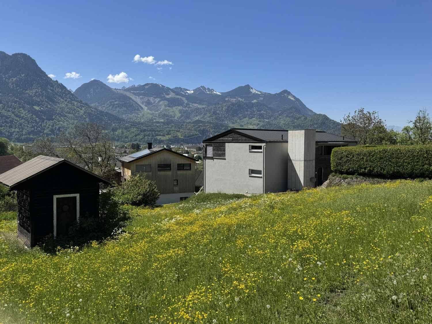 Moderne Architektur und ein kleiner Schuppen in einer blühenden Wiese mit Bergblick.