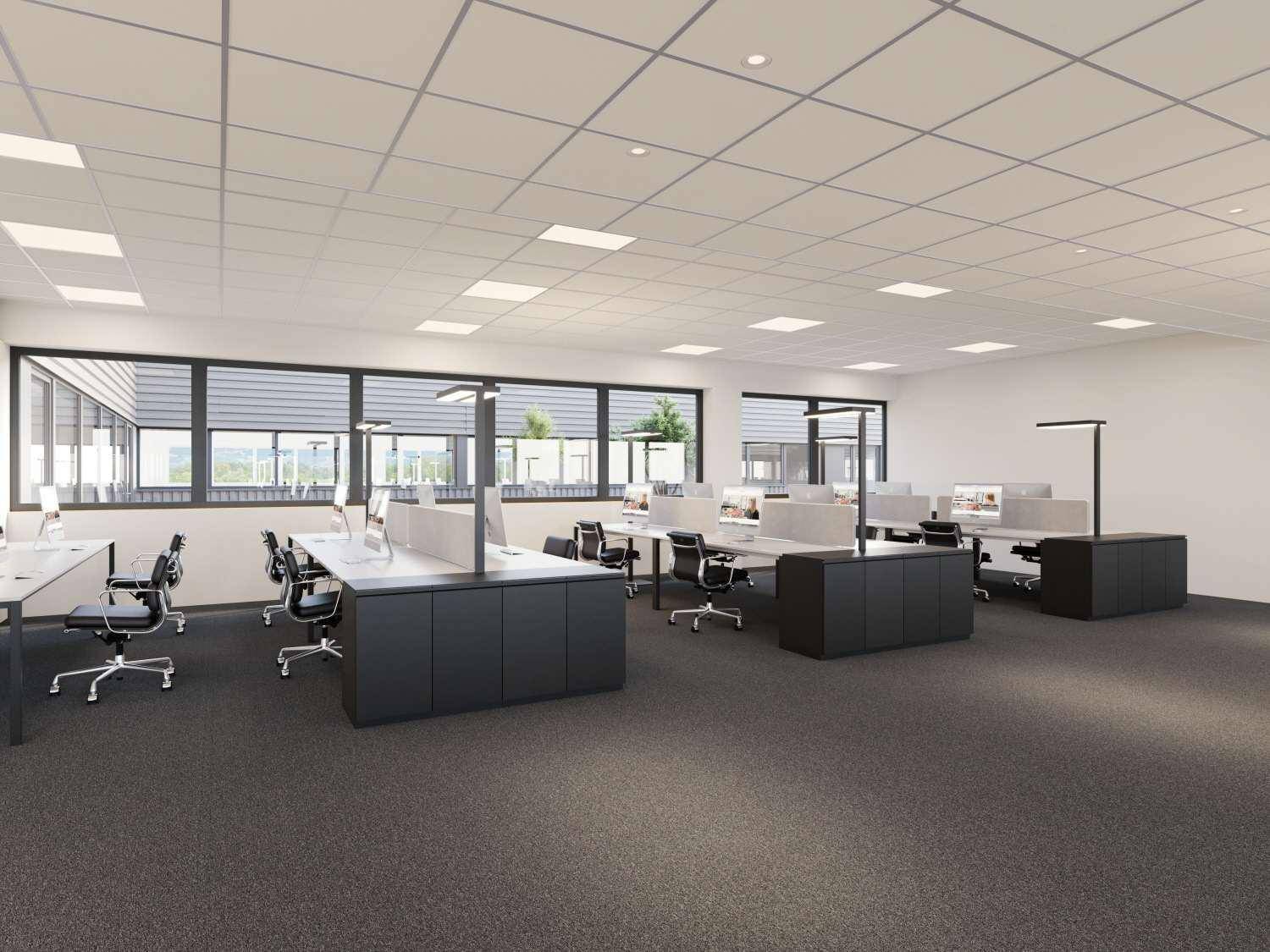 Ein modernes Großraumbüro mit ergonomischen Arbeitsplätzen, Teppichboden und großen Fenstern.