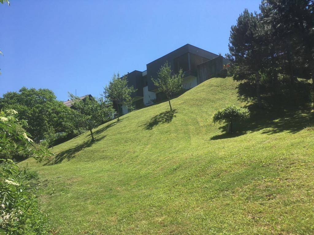 Weitläufiger grüner Hang mit Bäumen und dem modernen Gebäude im Hintergrund unter blauem Himmel.