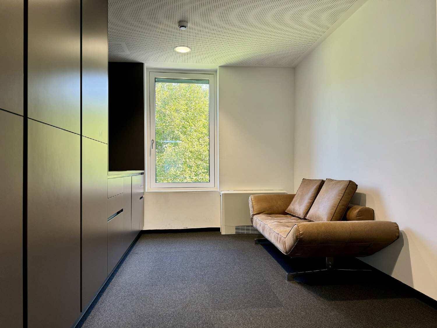 Gemütlicher Aufenthaltsraum mit braunem Sofa, Fenster und dunklem Teppichboden, ideal zum Entspannen.