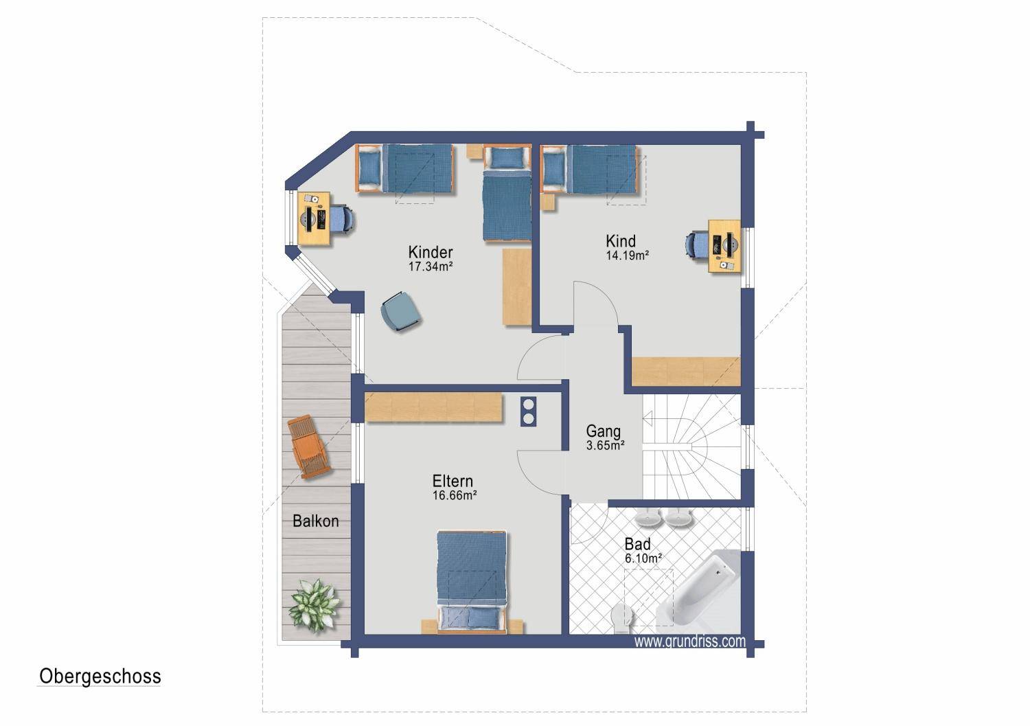 Grundriss des Obergeschosses mit drei Schlafzimmern, Badezimmer und einem Balkon.