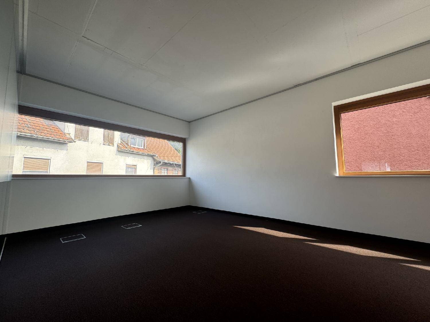 Helles Büro mit dunklem Teppichboden und breiten Fenstern, die viel Tageslicht hereinlassen und einen Blick nach draußen bieten.