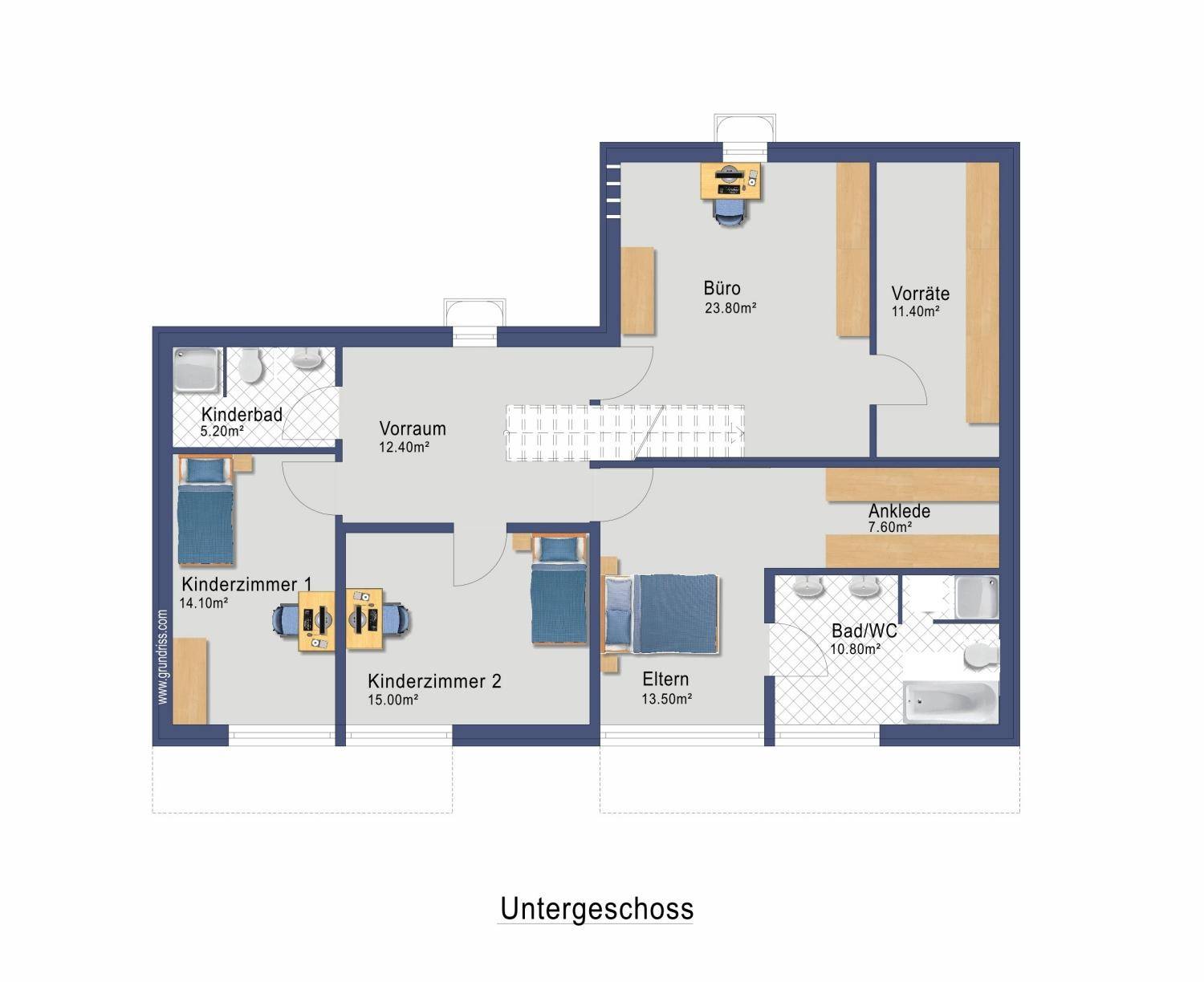 Grundriss des Untergeschosses mit Schlafzimmern, Kinderbädern und Büro.