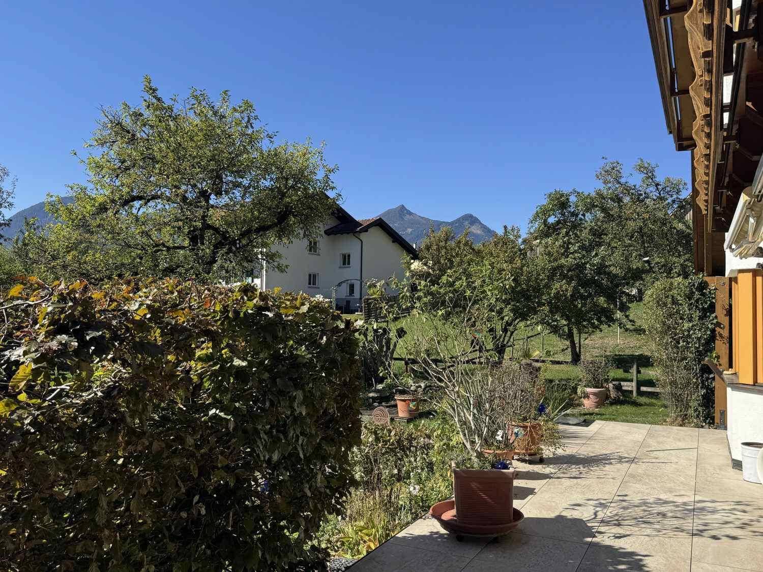 Terrasse mit Topfpflanzen und weitem Blick auf die umliegende Berglandschaft.
