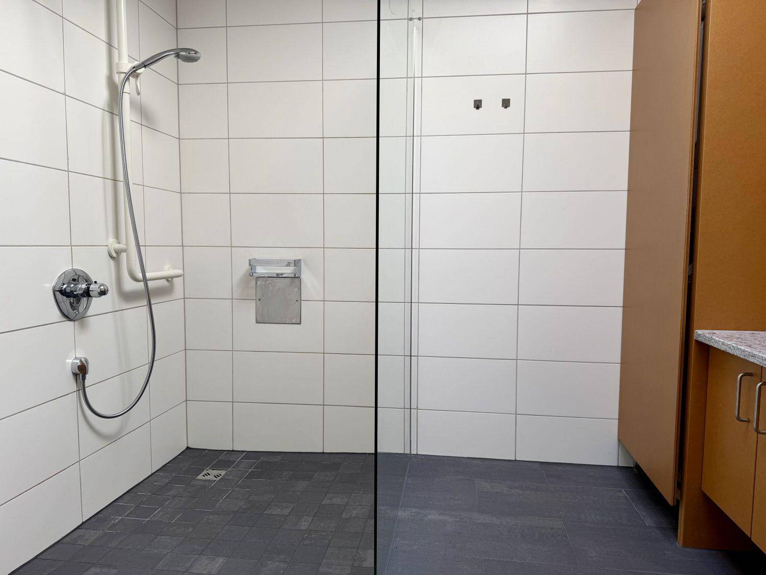 Geräumige, begehbare Dusche mit weißen Fliesen und dunklem Boden, barrierefrei gestaltet.