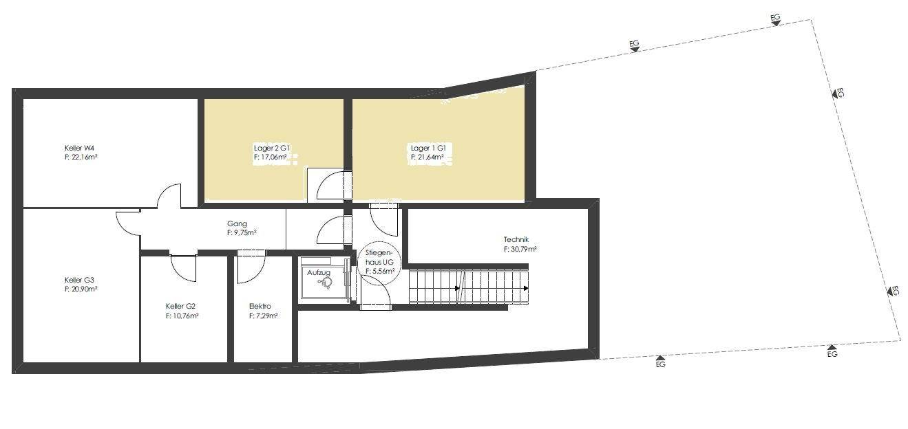 Grundriss des Untergeschosses mit mehreren Kellerräumen, Lagerflächen, Technikraum, Treppenhaus und Aufzug.