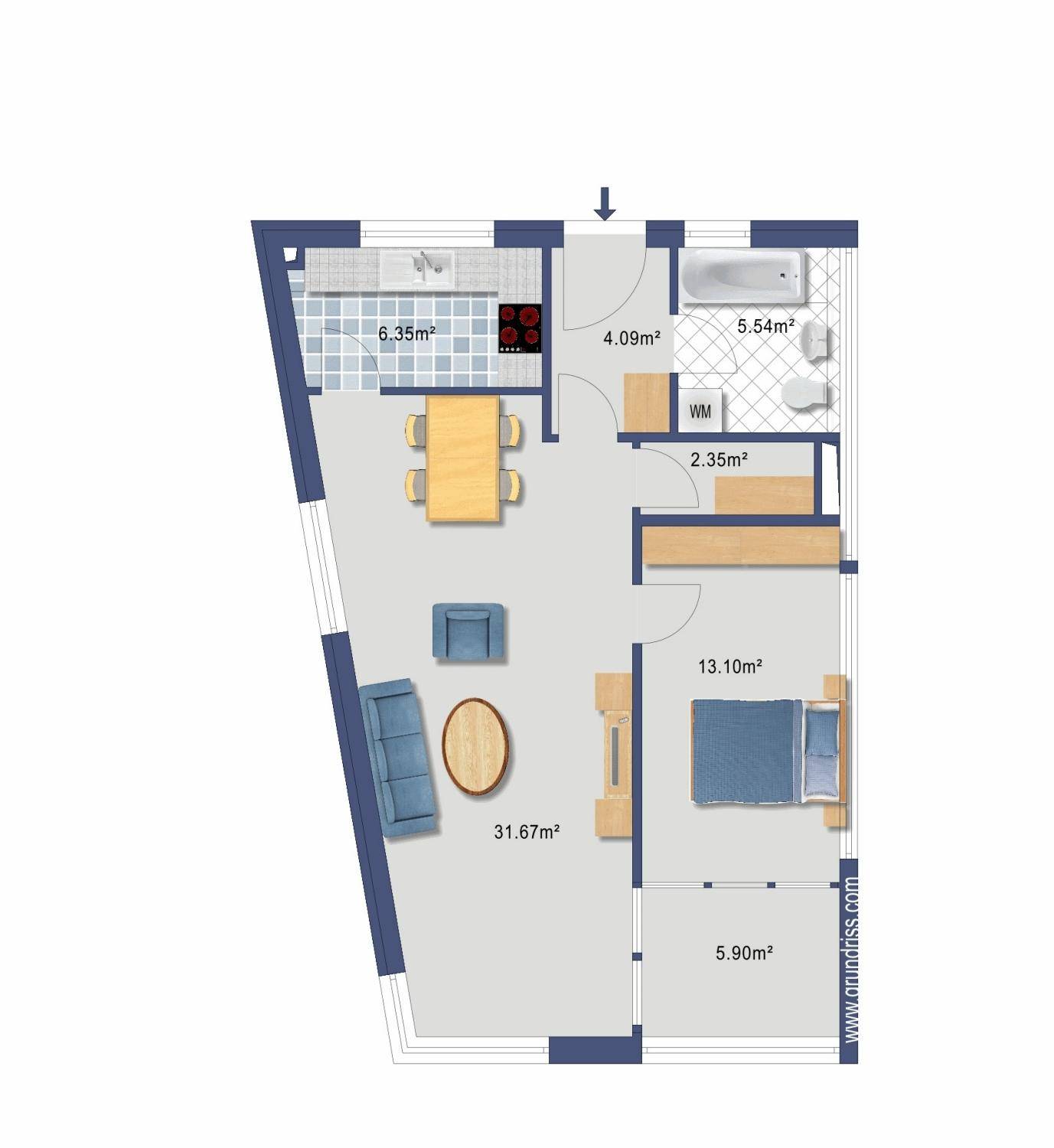 Detaillierter Grundriss einer Wohnung mit Wohnbereich, Schlafzimmer und Bad.