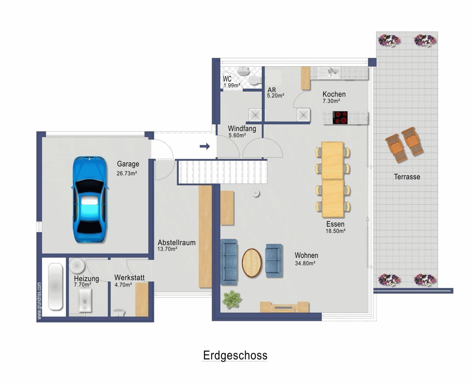 Grundriss des Erdgeschosses mit Garage, Wohn-Essbereich und Terrasse.