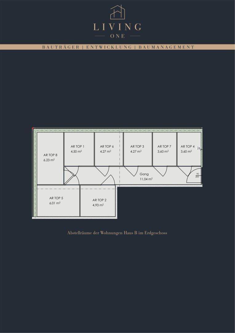 Grundrissplan der Abstellräume für die Wohnungen im Erdgeschoss des Hauses B.