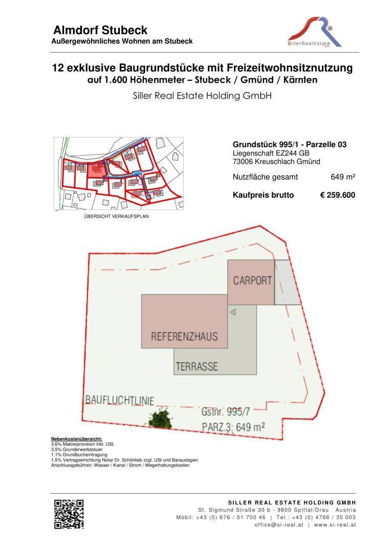 Übersichtsplan eines Baugrundstücks mit Referenzhaus, Terrasse und Carport für Freizeitwohnsitznutzung.