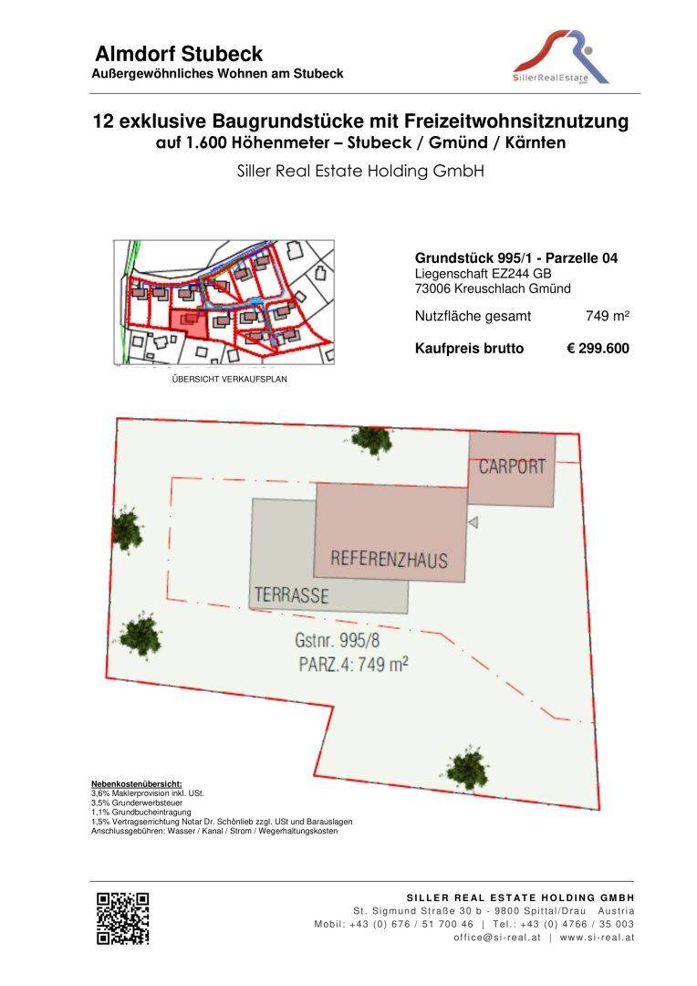 Übersichtsplan des Grundstücks mit Referenzhaus, Terrasse und Carport sowie Flächenangaben.