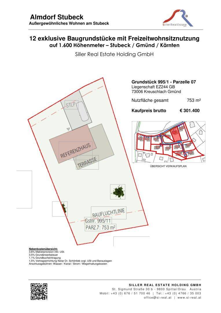 Grundstücksplan mit eingezeichnetem Referenzhaus, Terrasse und Baugrenzen, inklusive Übersichtskarte der Parzellen.