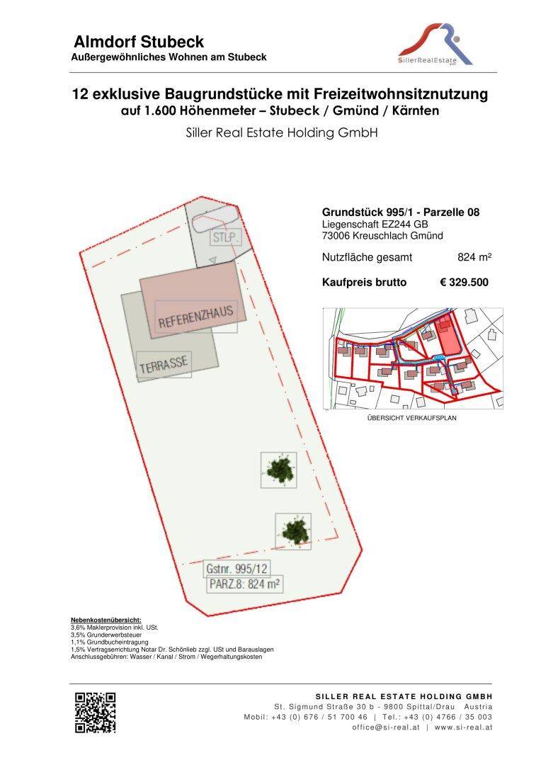 Übersichtsplan eines Baugrundstücks mit eingezeichnetem Referenzhaus und Terrasse, Teil eines größeren Bauprojekts.