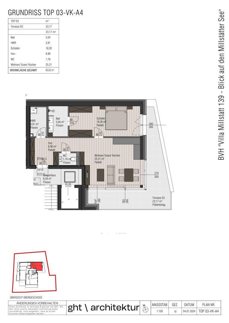 Grundriss der Wohneinheit TOP 03 mit offenem Wohnbereich, Schlafzimmer und großer Terrasse.