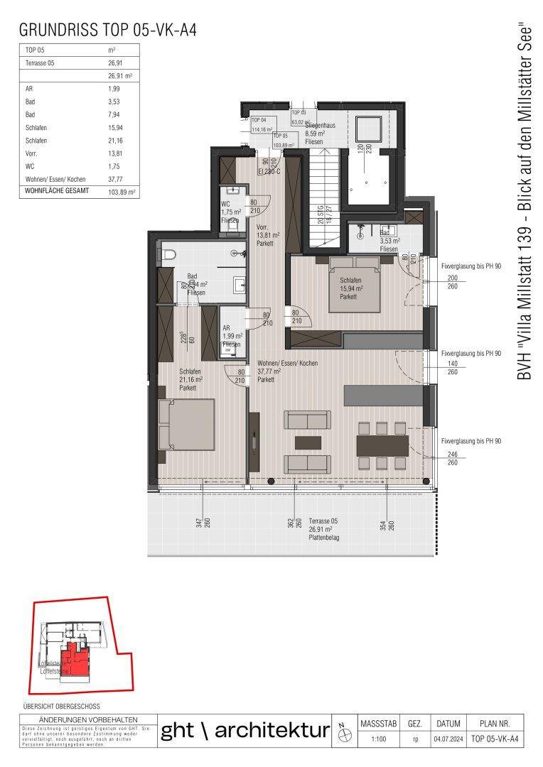 Grundriss der Wohneinheit TOP 05 mit offenem Wohnbereich und großer Terrasse.