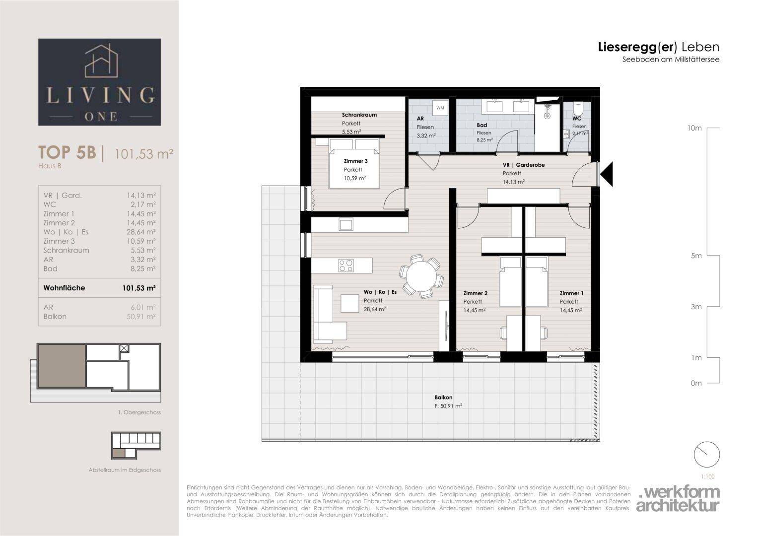 Grundriss der Wohnung TOP 5B mit drei Zimmern, offenem Wohnbereich und großem Balkon.
