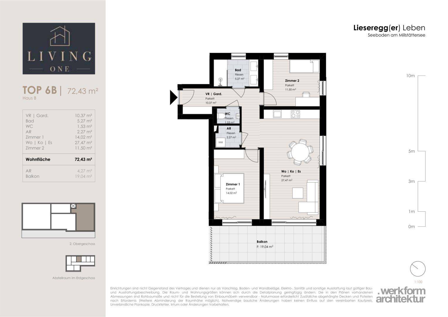 Grundriss einer Wohnung mit offenem Wohnbereich, zwei Schlafzimmern und großem Balkon.