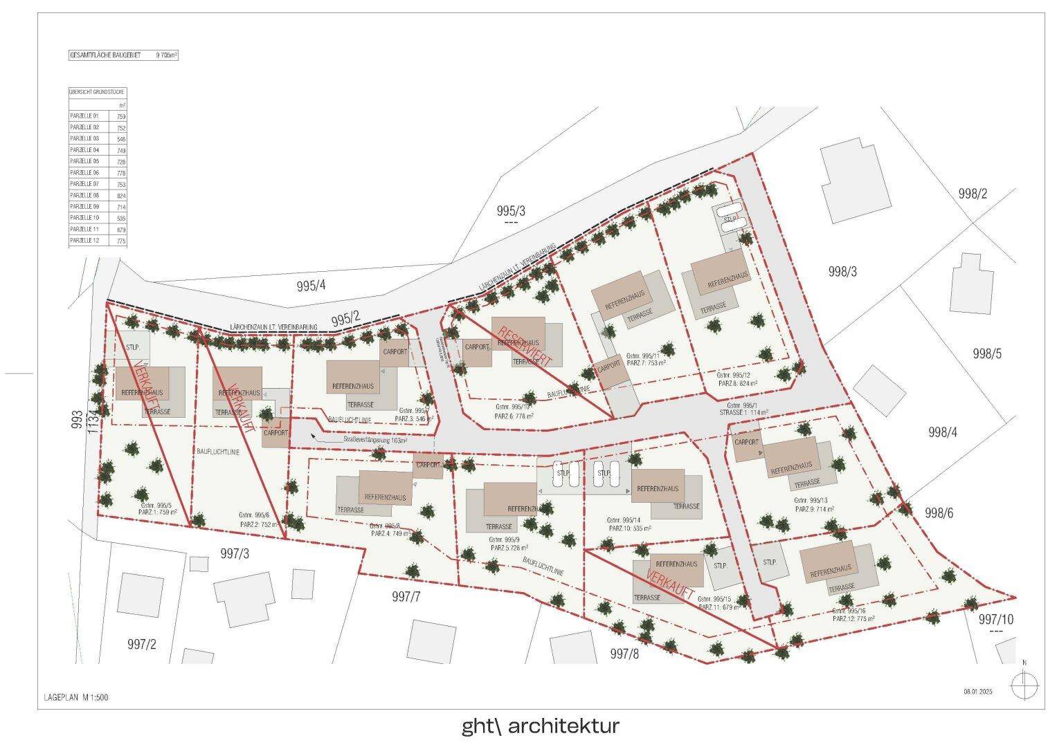 Lageplan eines Neubauprojekts mit mehreren Wohneinheiten, Terrassen, Carports und Grünflächen.