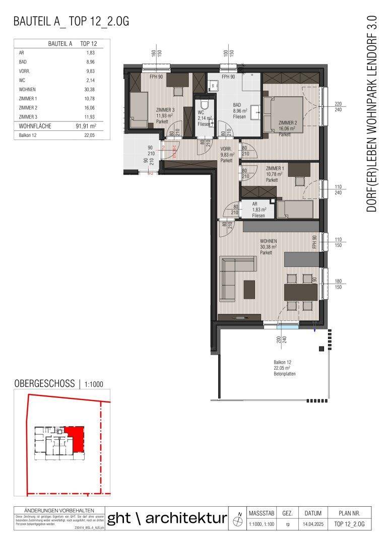 Detaillierter Grundriss einer Wohnung im Obergeschoss mit drei Zimmern und einem großen Balkon.