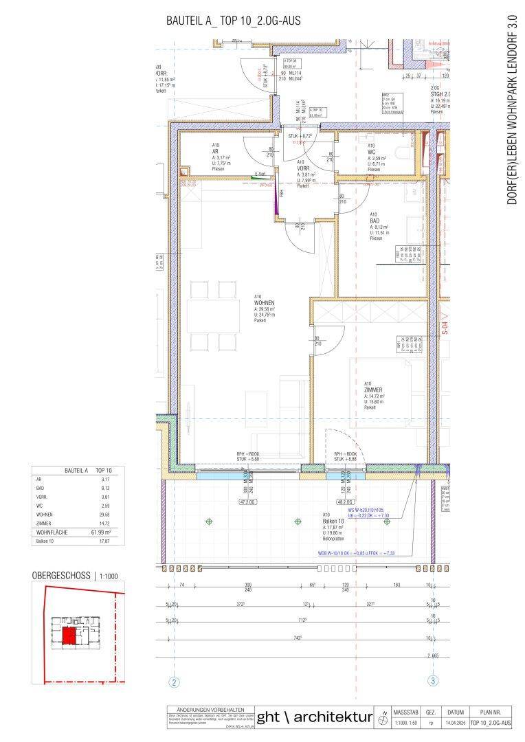 Grundriss einer Wohnung mit offenem Wohnbereich, Schlafzimmer, Bad und separatem WC.