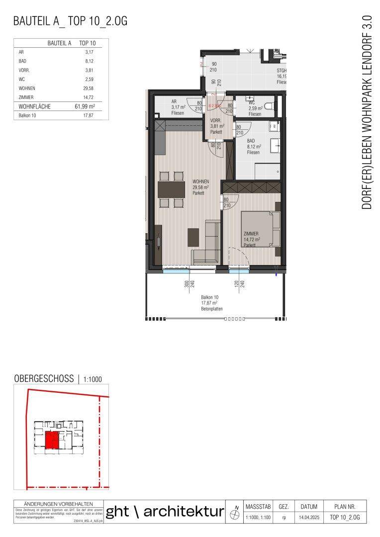 Möblierter Grundriss einer Wohnung mit offenem Wohnbereich, integrierter Küche und Balkonzugang.