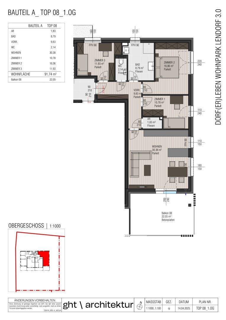 Detaillierter Grundriss einer Wohnung mit drei Schlafzimmern, einem Badezimmer, separatem WC und einem Balkon.