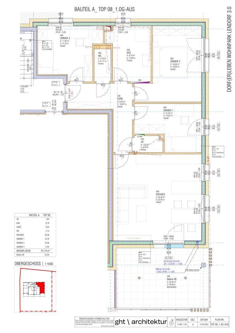 Technischer Grundriss einer Wohnung mit drei Schlafzimmern, einem Badezimmer, separatem WC und einem Balkon.