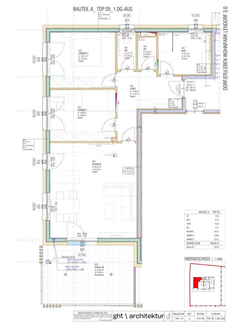 Detaillierter Grundriss einer Wohnung mit drei Zimmern, Bad, WC und großem Balkon.