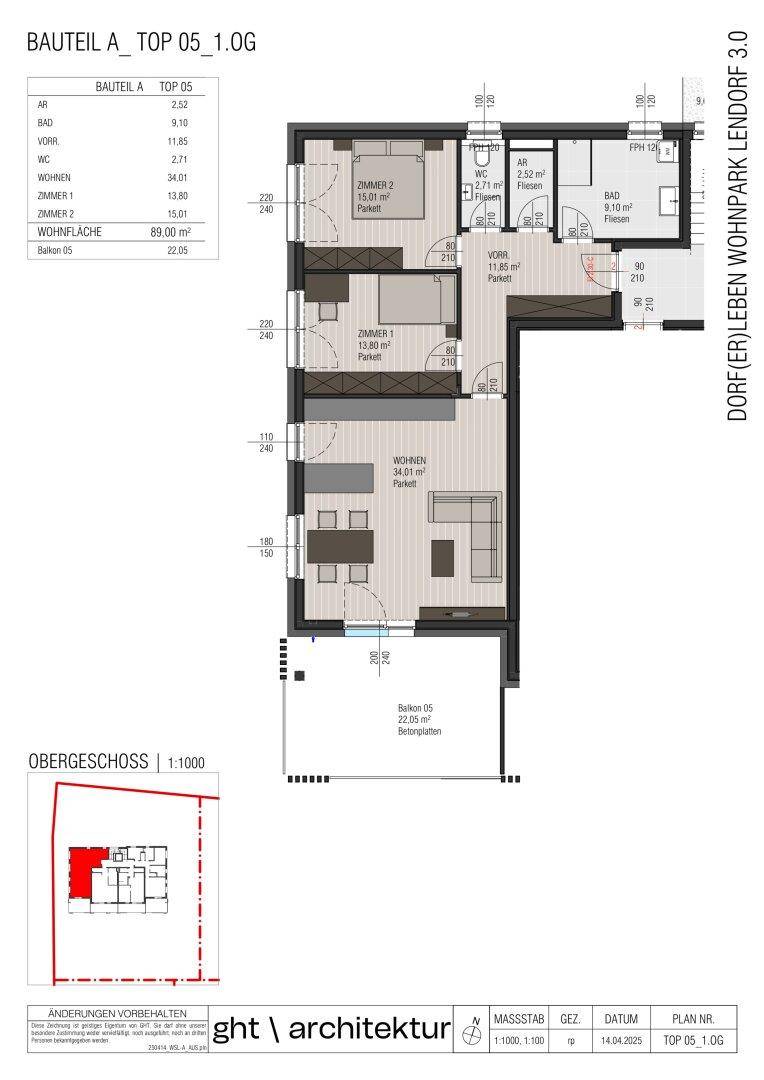 Farbiger Grundriss einer Dreizimmerwohnung mit Möblierungsvorschlag und großem Balkon.