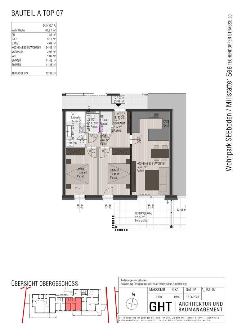 Grundriss einer Wohnung mit offenem Wohn-Essbereich, zwei Schlafzimmern und einer Terrasse.