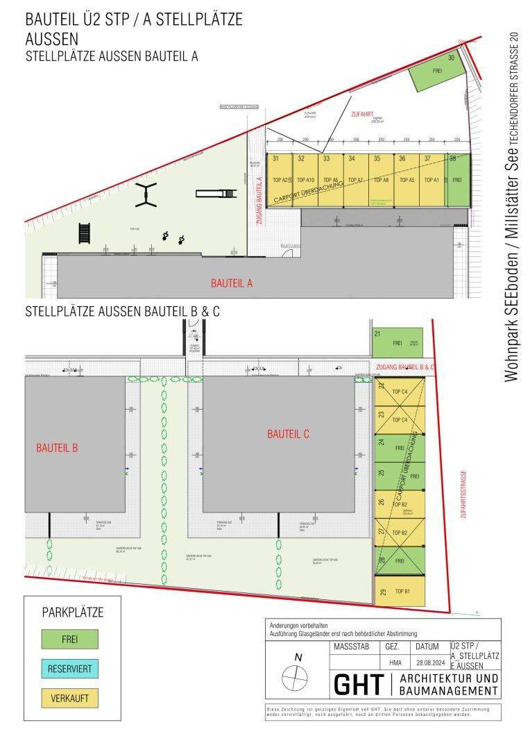 Plan der Außenstellplätze und Carports für die Wohngebäude A, B und C mit Spielplatz.