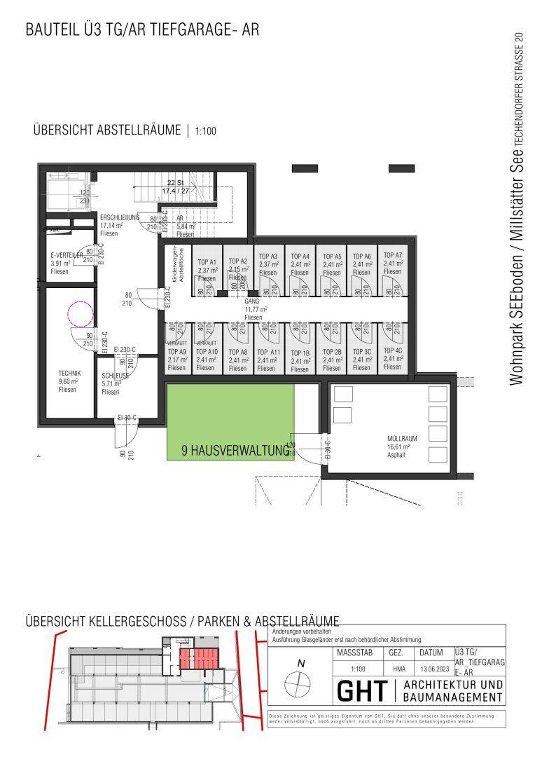 Grundriss des Kellergeschosses mit Abstellräumen und Technikbereichen der Wohnanlage.