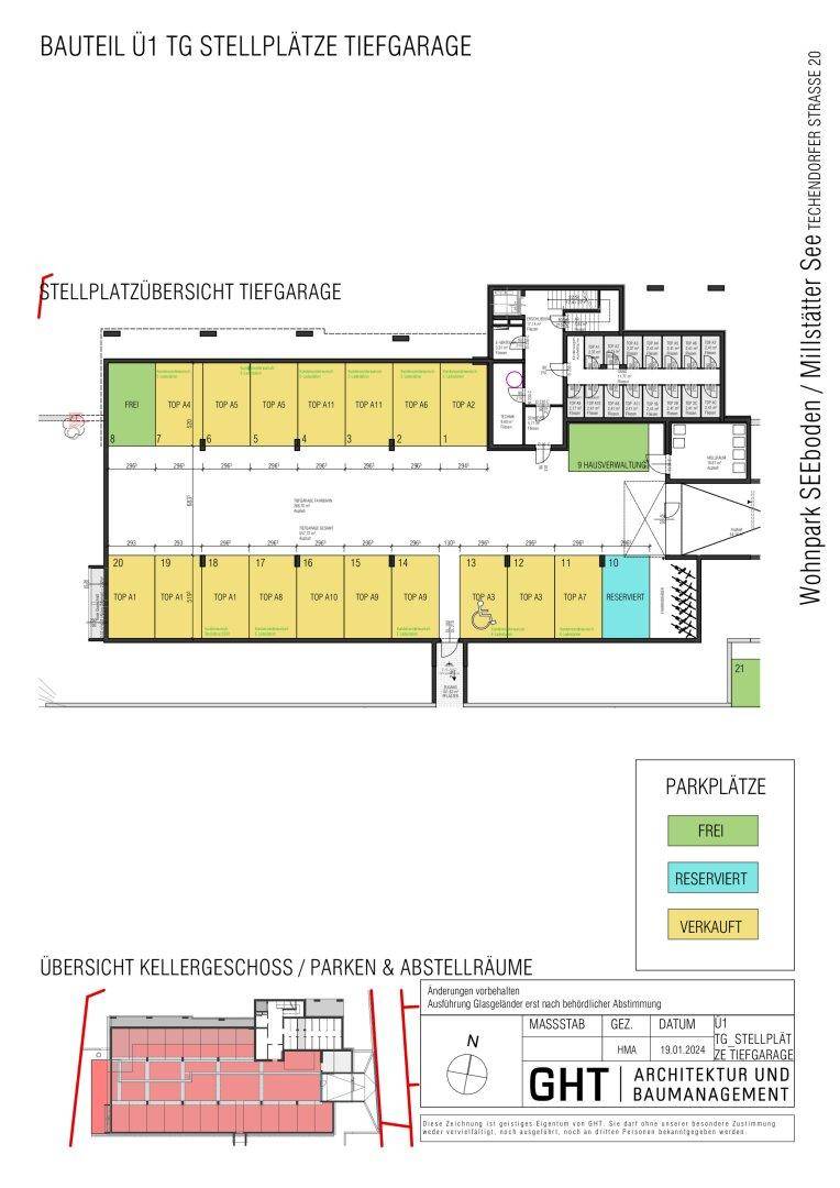 Übersicht der Stellplätze in der Tiefgarage mit Kennzeichnung von freien, reservierten und verkauften Plätzen.