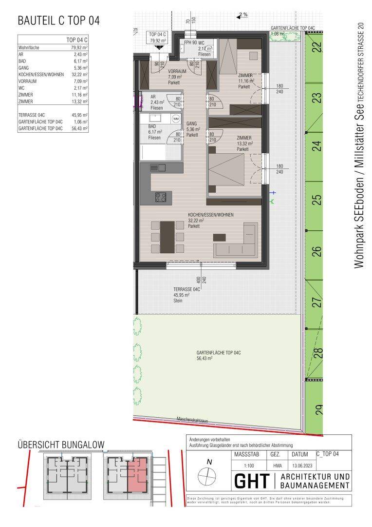 Grundriss eines Bungalows mit offenem Wohnbereich, Terrasse und privatem Garten.