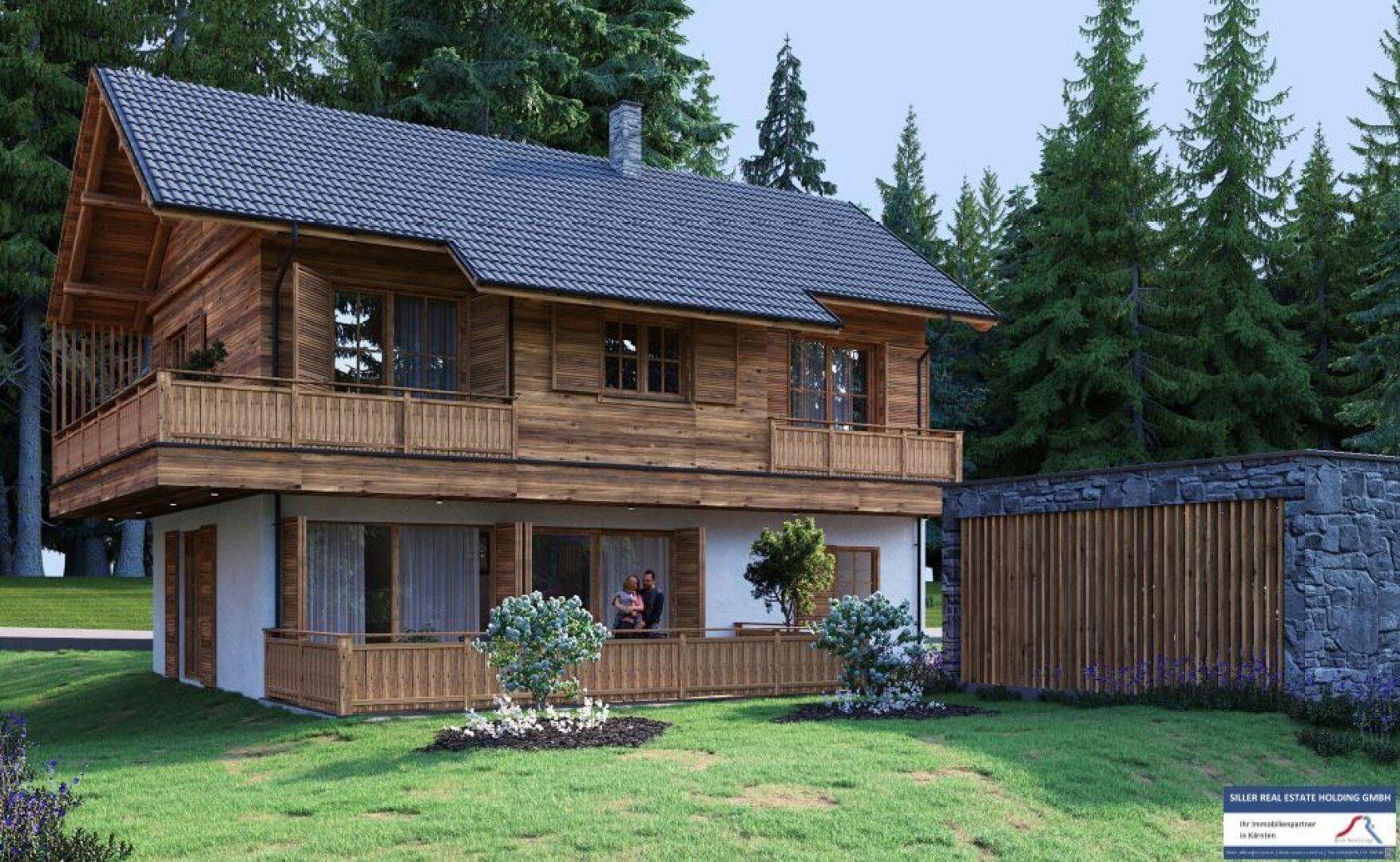Mehrstöckiges Chalet mit Holzfassade, Balkonen und Garten in einer waldreichen Umgebung.
