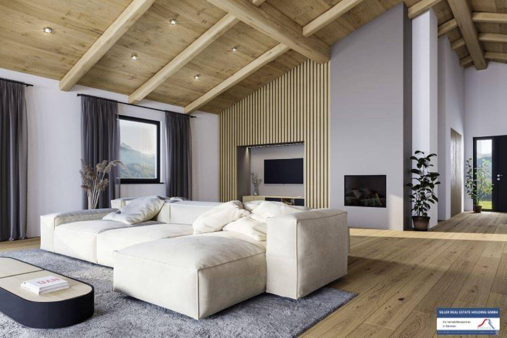 Helles Wohnzimmer mit Holzbalkendecke, modernem Kamin und Bergblick durch große Fenster.