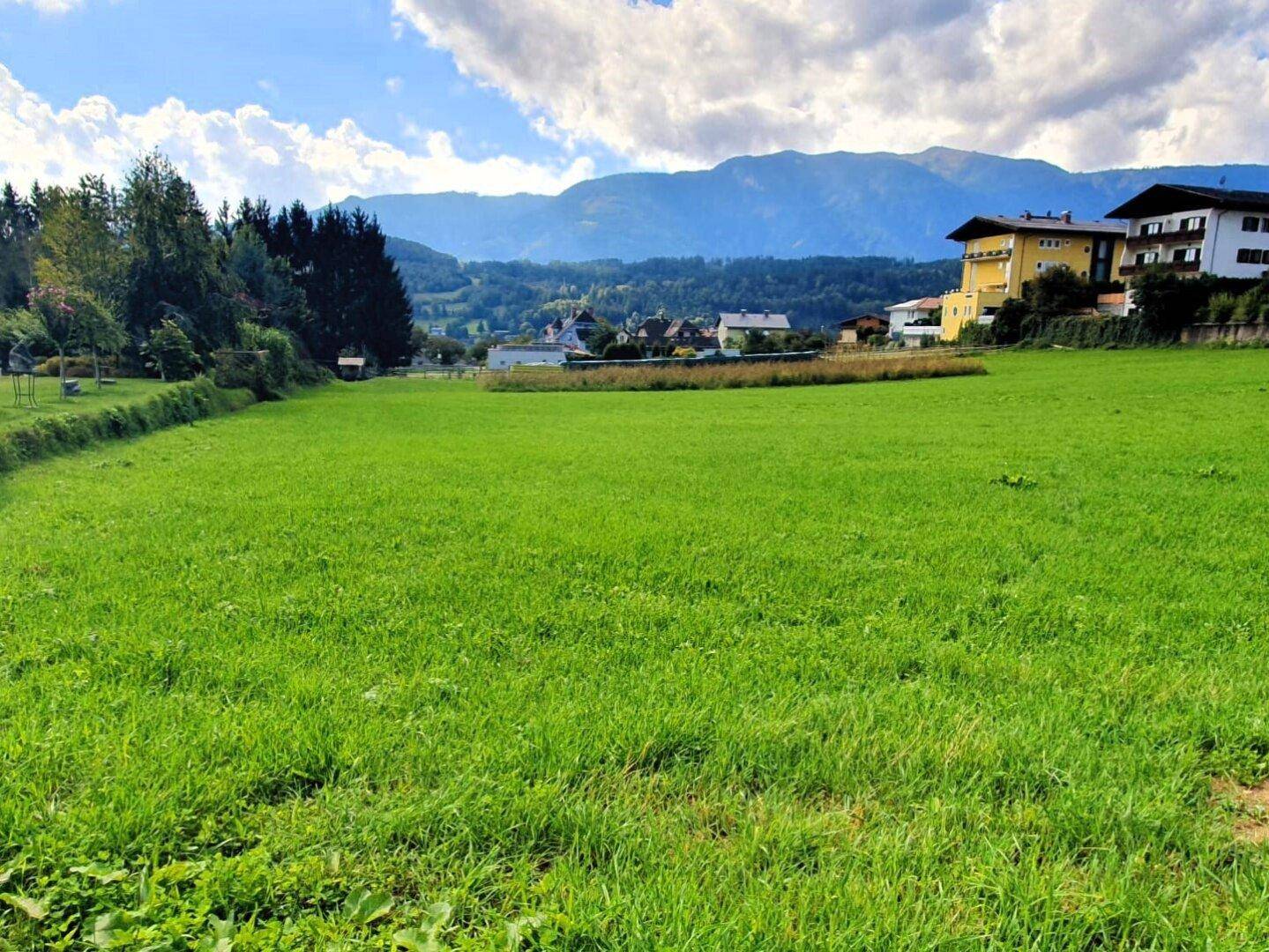 Weitläufige grüne Wiese mit Blick auf Wohnhäuser und die umliegende Berglandschaft unter blauem Himmel.