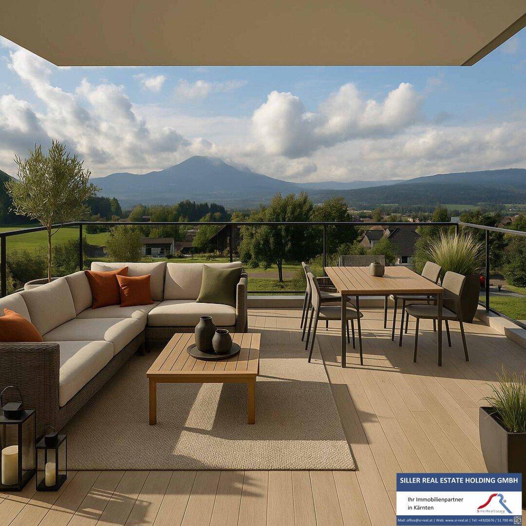 Große, modern eingerichtete Terrasse mit Lounge-Bereich und Esstisch, bietet einen weiten Blick auf die Berge und die Landschaft.