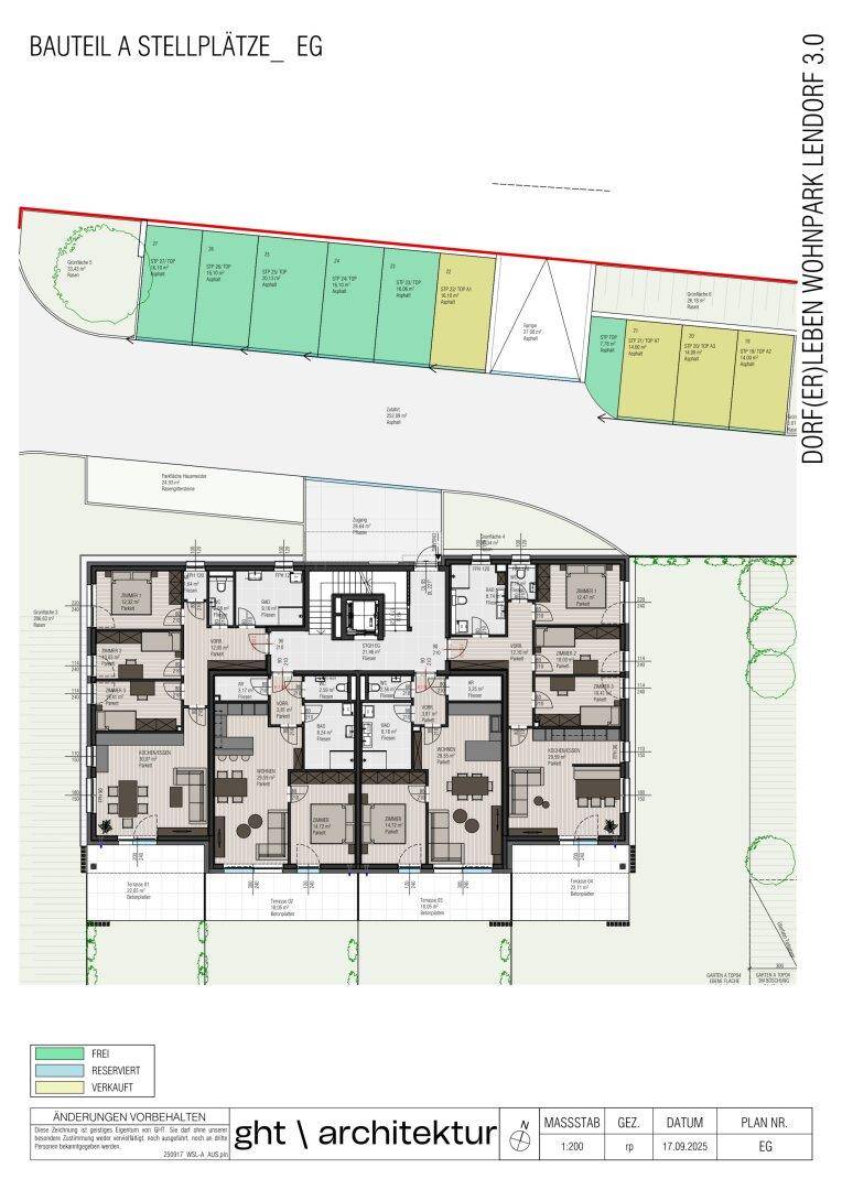 Grundriss des Erdgeschosses mit Wohnungen, Terrassen, Gärten und oberirdischen Stellplätzen.