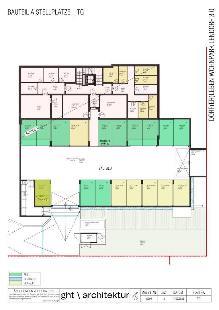 Grundriss des Untergeschosses mit Tiefgaragenstellplätzen und Kellerabteilen für die Wohneinheiten.