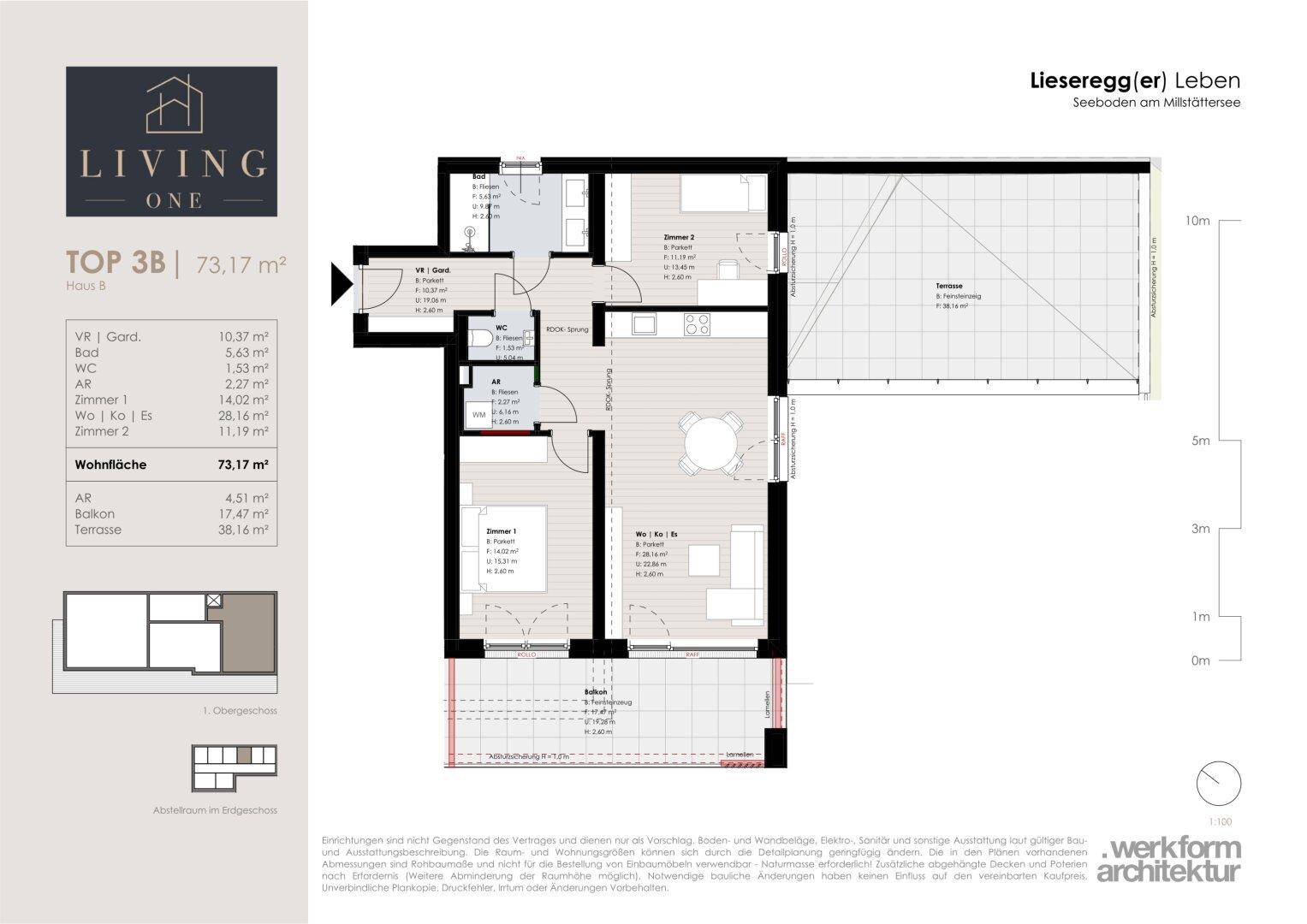 Grundriss der Wohnung TOP 3B mit 73,17 m² Wohnfläche und großer Terrasse.