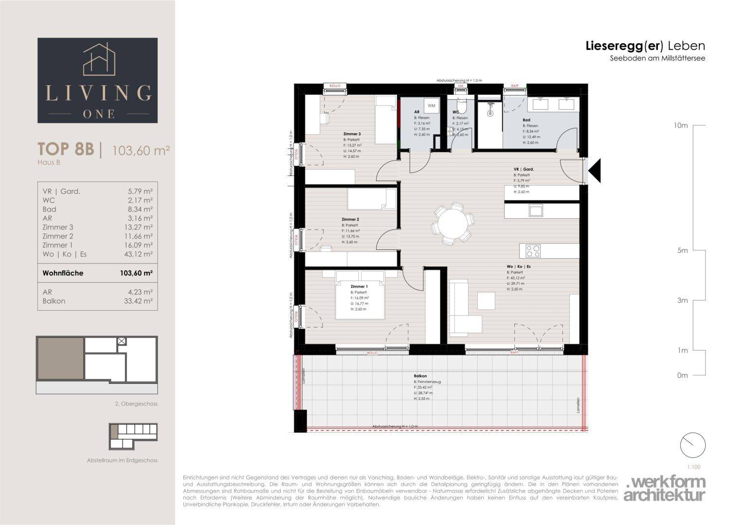 Grundriss der Wohnung TOP 8B mit 103,60 m² Wohnfläche, drei Zimmern, offenem Wohnbereich und großem Balkon.
