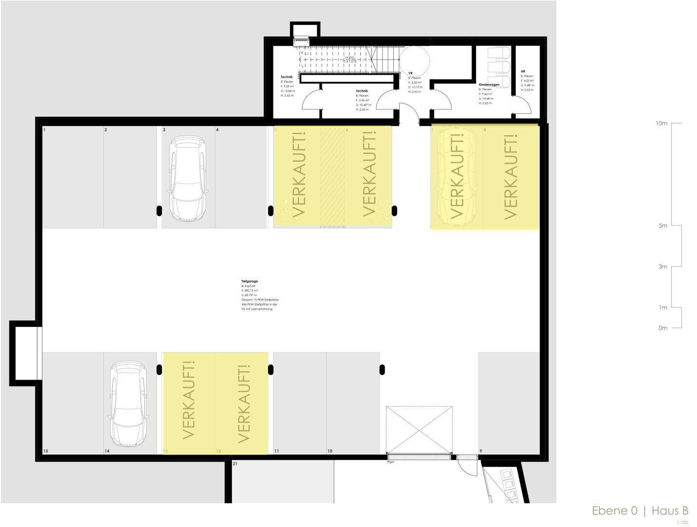 Grundriss der Tiefgarage mit mehreren Stellplätzen, von denen einige bereits verkauft sind.