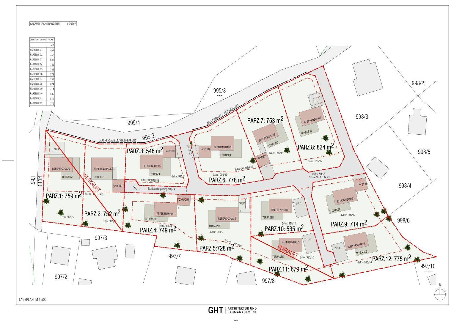 Übersichtsplan der Parzellen mit geplanten Gebäuden, Terrassen und Carports, einige bereits verkauft.