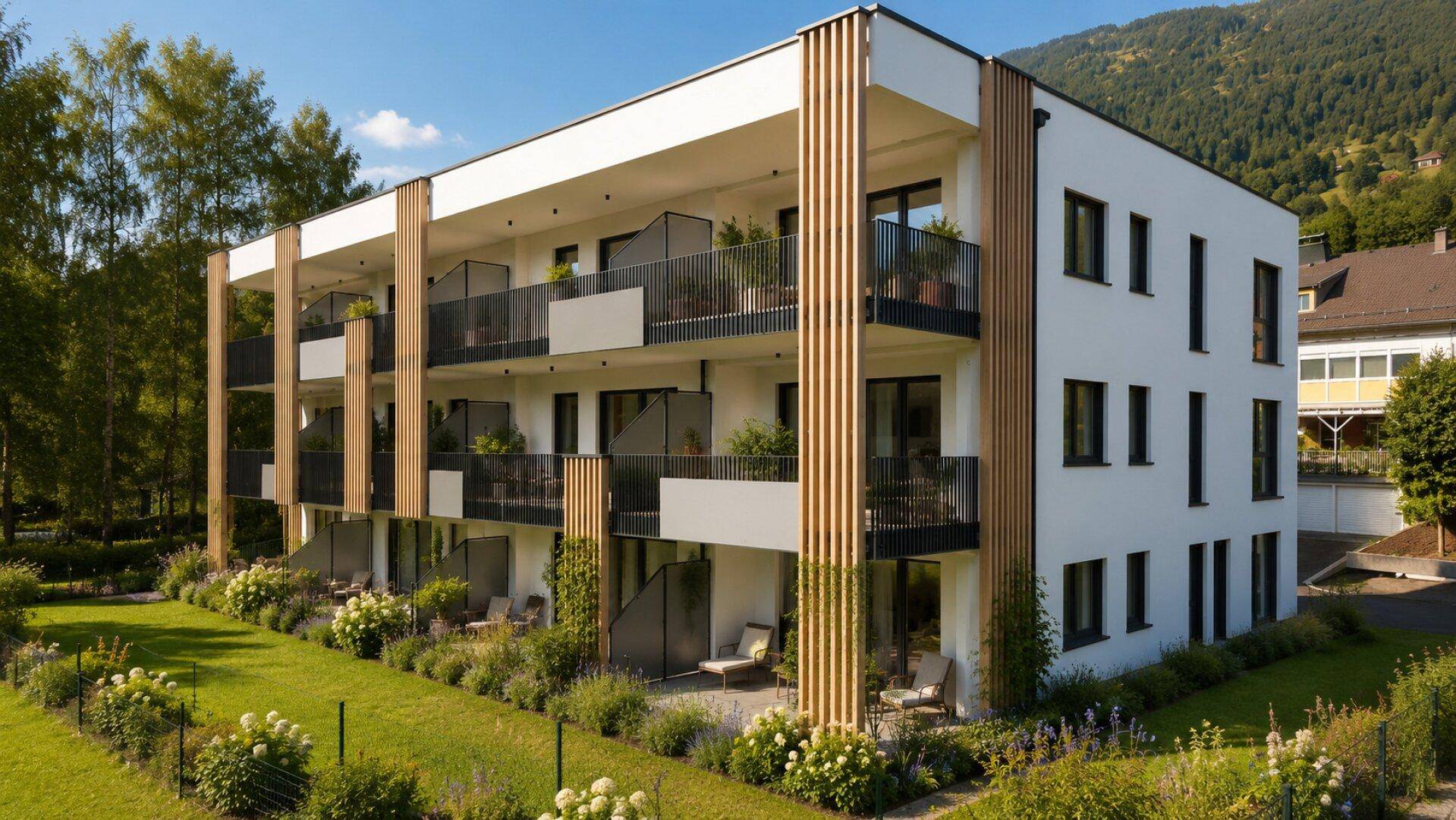 Moderne Wohnanlage mit Balkonen und Terrassen, umgeben von grüner Landschaft und Bergen.